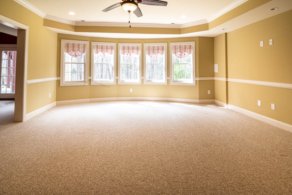 A spacious living room in a residential property featuring a plush beige carpeted floor, which appears clean and well-maintained, with a soft texture visible under the natural daylight streaming throu